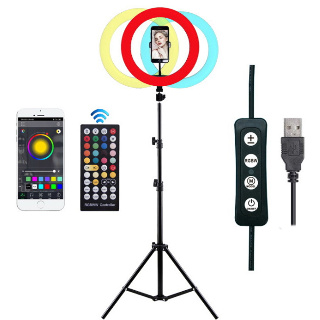 DC5V USB Full-Color RF APP and Wire Control RGBW Real-Time LED Ring Light Applicant for Live Broadcast and Photography